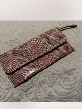 Urban Expressions Mauve snake skin 
—Brown Stripe Interior- wristlet strap
